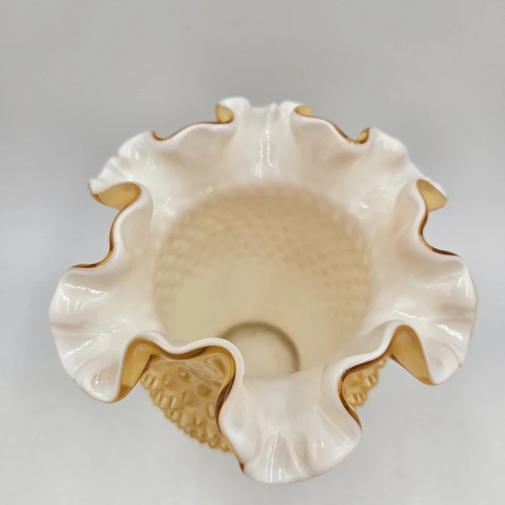 Stunning Vintage Fenton Ruffled Honey Amber Overlay English Hobnail Vase 6.25